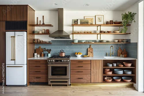 mid-century modern kitchen, with sleek and clean lines, open shelving, and an assortment of chef tools, created with generative ai