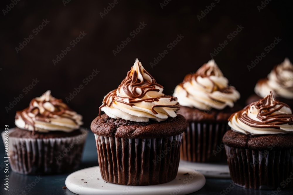 stack of deliciously moist and rich chocolate cupcakes with swirls of creamy frosting, created with generative ai stack of deliciously moist and rich chocolate cupcakes with swirls of creamy frosting, created with generative ai