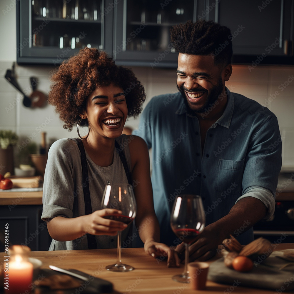 Cheerful african american couple clinking glasses with red wine while standing in kitchen at home