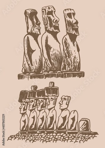 Graphical big vintage set of moai statues on sepia background, vector elements. Archeological artifacts 