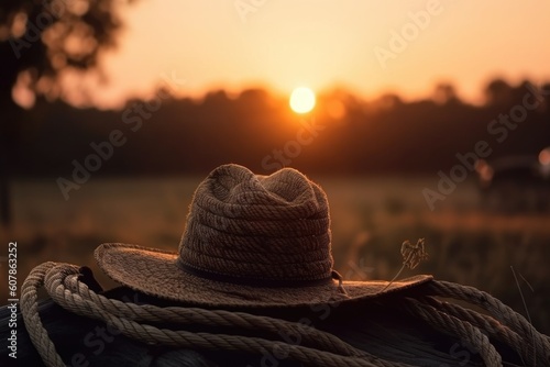photoshoot of cowboy hat and rope in the sunset, created with generative ai