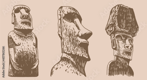 Graphical big vintage set of moai statues on sepia background, vector elements. Archeological artifacts 
