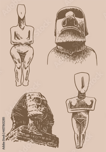 Graphical vintage set of archeological artefacts , sightseeings on sepia background. Vector moai ,pharaoh ,holy mother 