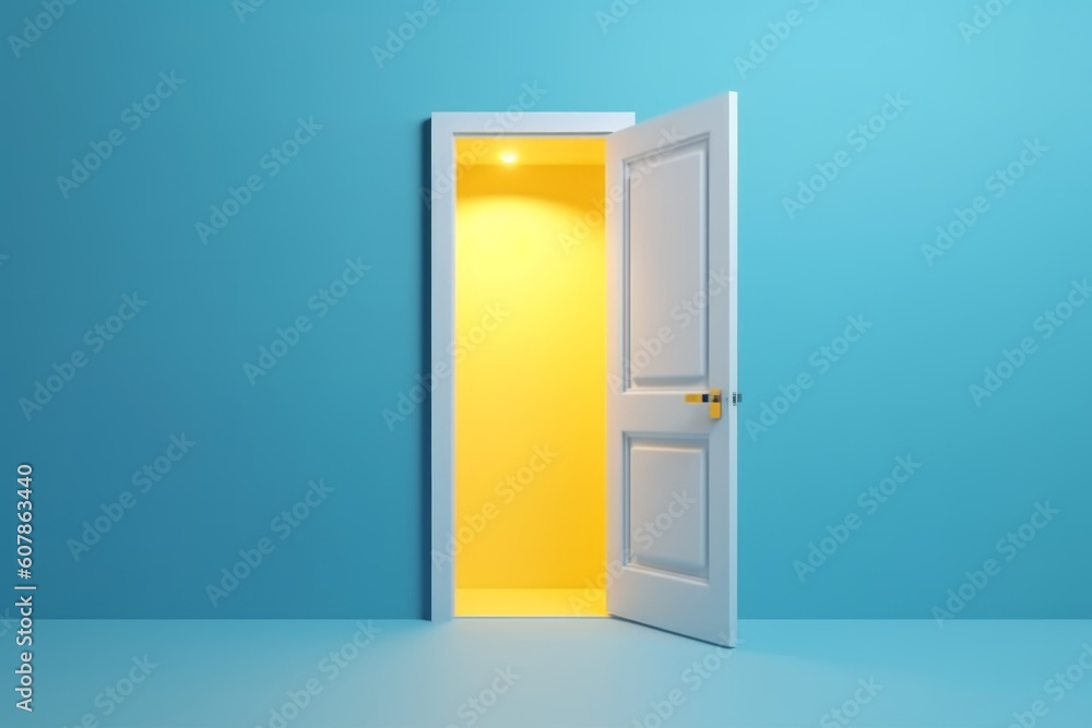 3d render yellow light inside the open door isolated on blue background, Generative Ai 3d render yellow light inside the open door isolated on blue background, Generative Ai