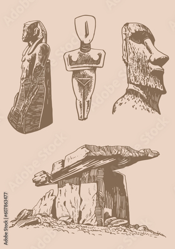 Graphical vintage set of archeological artefacts , sightseeings on sepia background. Vector dolmens, moai pharaoh ,holy mother and God ptah