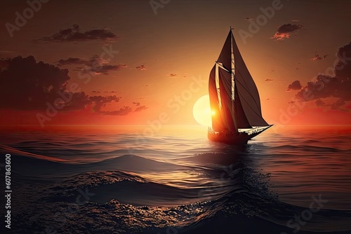 sunrise sails with the sun peeking over the horizon, created with generative ai