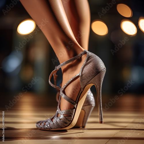 Beautiful legs of a woman in high heels dancing on the parquet floor in a dance hall, AI generative content.