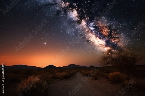 milky way galaxy  shining brightly in the night sky over desert landscape  created with generative ai