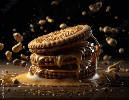 Sandwich cookies with chocolate and milk splash. Generative Ai illustration