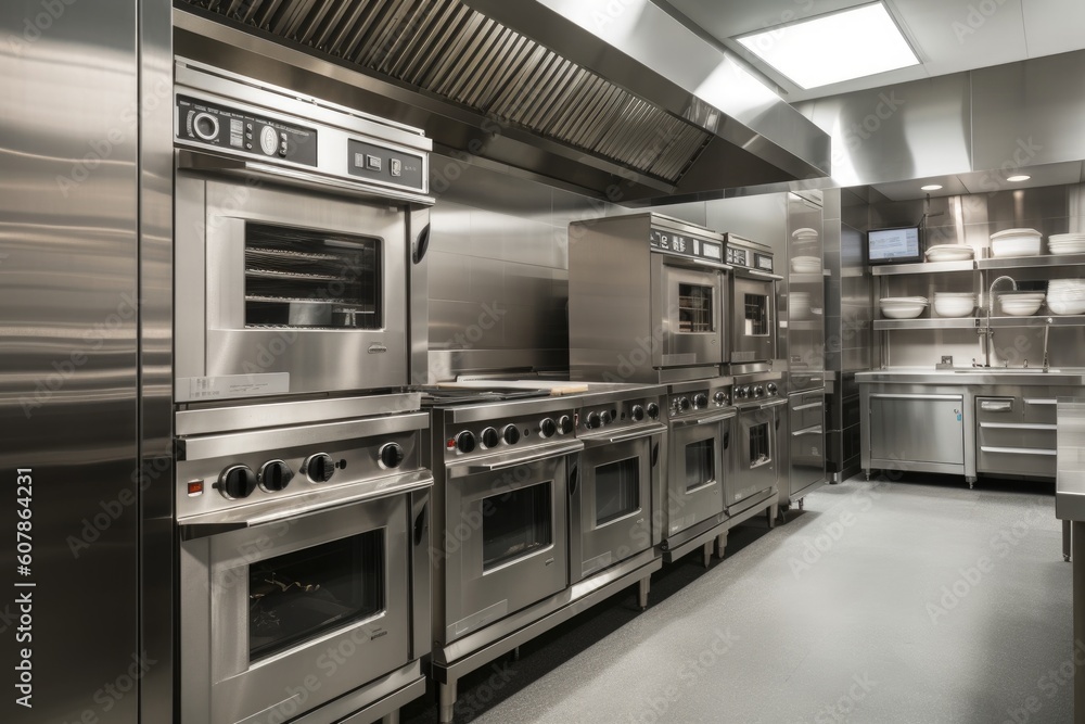 modern commercial kitchen with ovens, ranges, and mixers in stainless steel, created with generative ai modern commercial kitchen with ovens, ranges, and mixers in stainless steel, created with generative ai