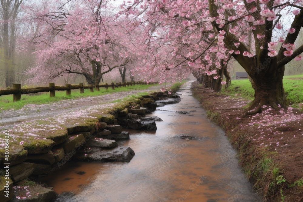 cherry blossom grove, with soft pink blooms and babbling brook in the background, created with generative ai cherry blossom grove, with soft pink blooms and babbling brook in the background, created with generative ai