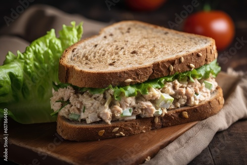 tuna salad sandwich, with creamy mayo and crunchy lettuce on toasted whole grain bread, created with generative ai
