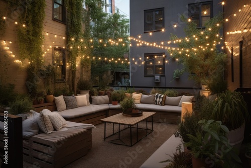 outdoor lounge area with plush seating, potted plants, and string lights, created with generative ai