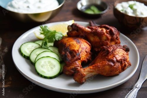 plate of spicy tandoori chicken with side of cool cucumber raita, created with generative ai