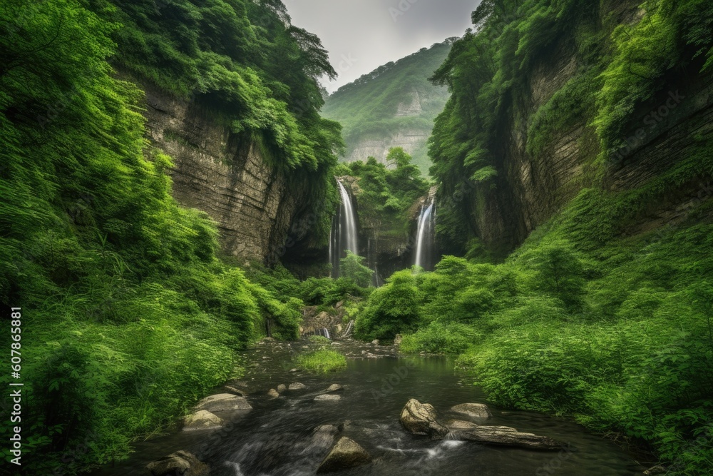 majestic waterfalls surrounded by lush greenery in the wilderness, created with generative ai majestic waterfalls surrounded by lush greenery in the wilderness, created with generative ai
