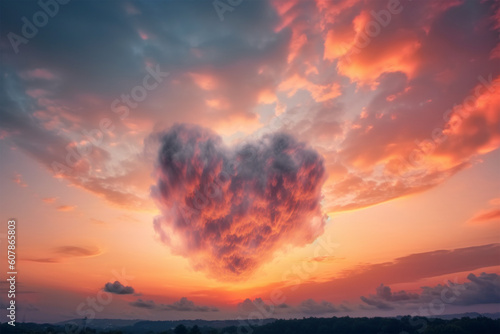 Sunset with heart shaped cloud. Generative AI illustration