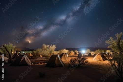 desert night sky with stars and moon shining down on rows of tents, created with generative ai