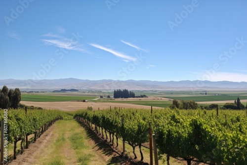 vineyard, with view of rolling hills and distant mountains, on a sunny day, created with generative ai