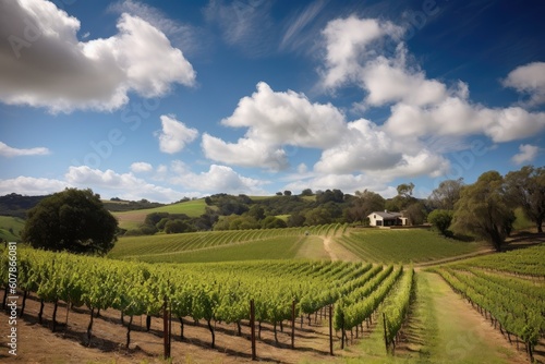 vineyard with rolling hills and blue skies  for a serene and peaceful setting  created with generative ai