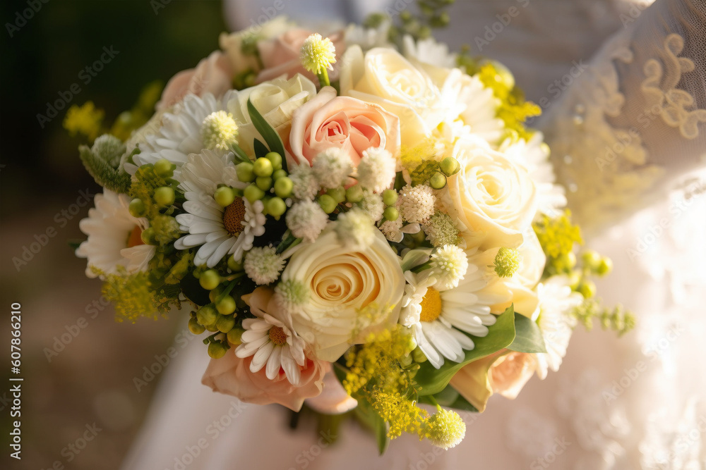 Wedding flower bouquet with pink and yellow rose flowers. Generative AI illustration Wedding flower bouquet with pink and yellow rose flowers. Generative AI illustration