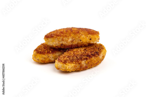 Fried cutlets in bread crumbs, isolated on the white background.