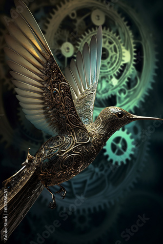 Colorful biomechanic bird with black background. Wonderful electric bird exploding with colourful energy	