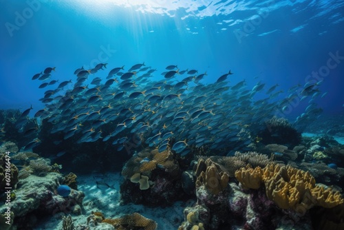 school of fish swimming among coral reefs, created with generative ai © altitudevisual