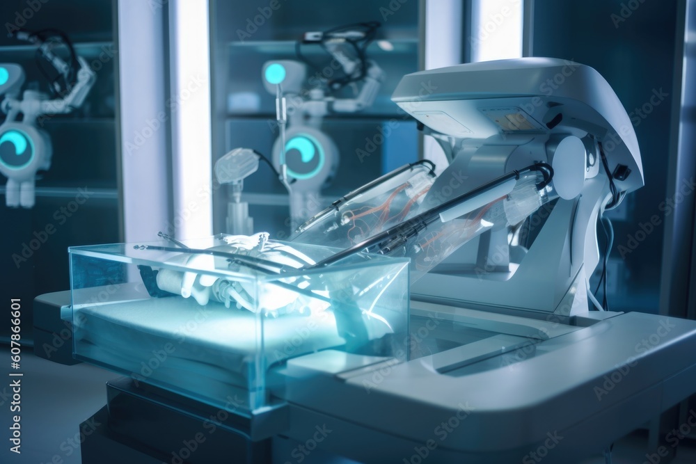 robot, printing 3d medical device on a futuristic operating table, created with generative ai