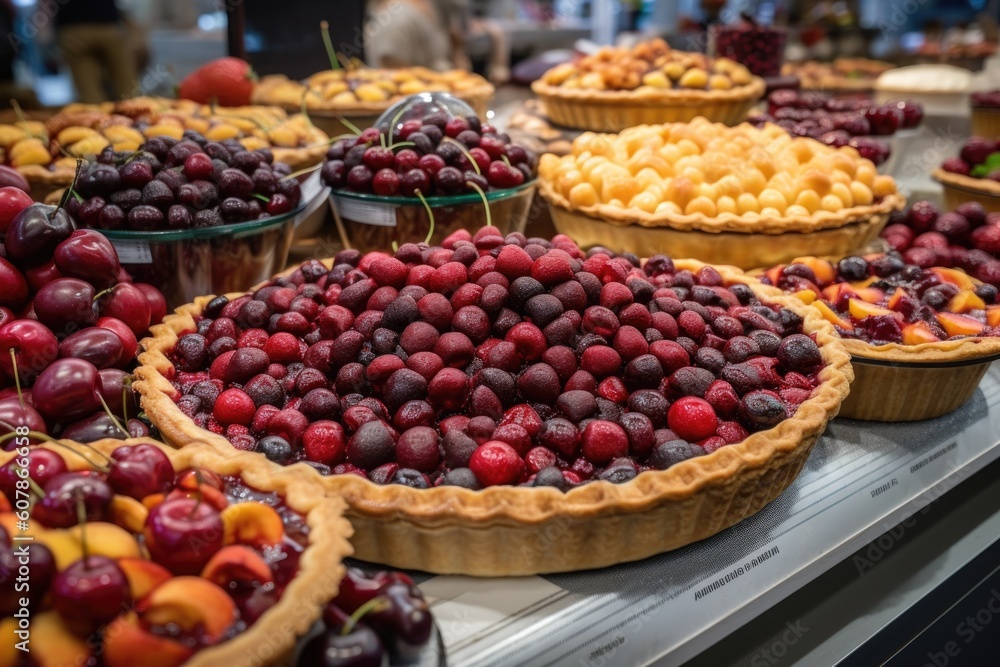 cherry pie on display at market stand, surrounded by fresh fruit, created with generative ai