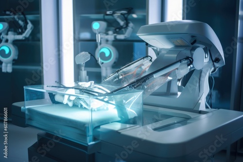 robot, printing 3d medical device on a futuristic operating table, created with generative ai