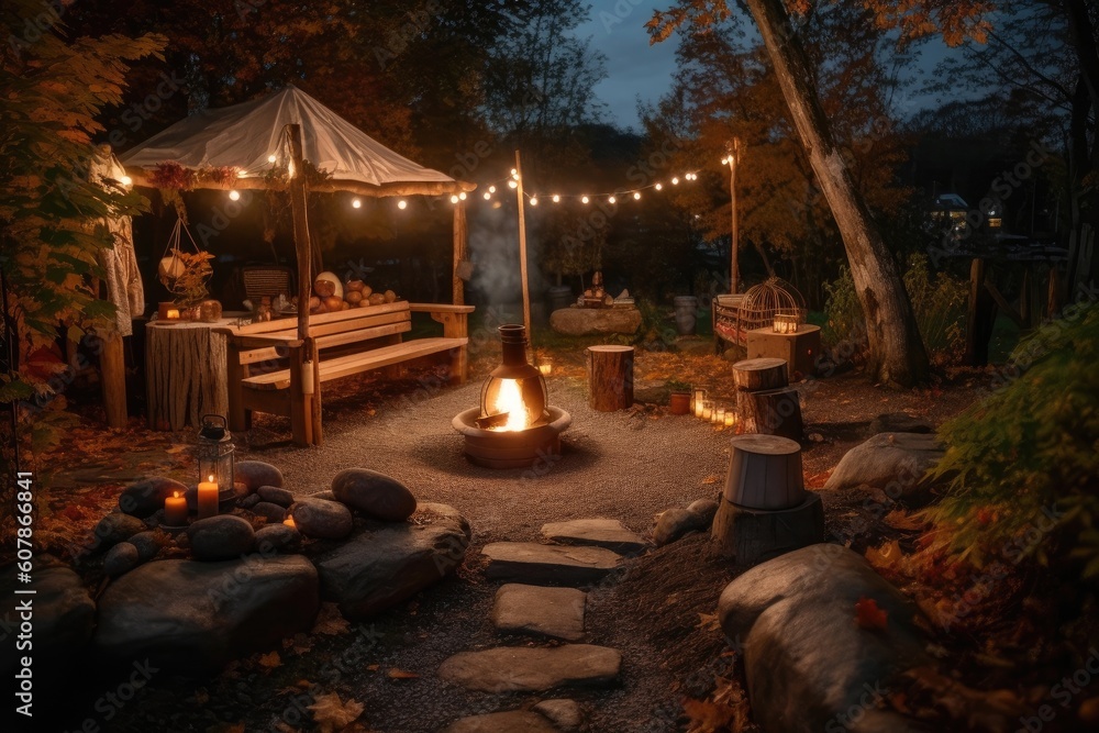 cozy campsite with lanterns and crackling fire for a warm and romantic evening, created with generative ai