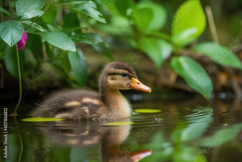 baby duck swimming in pond, surrounded by greenery, created with generative ai
