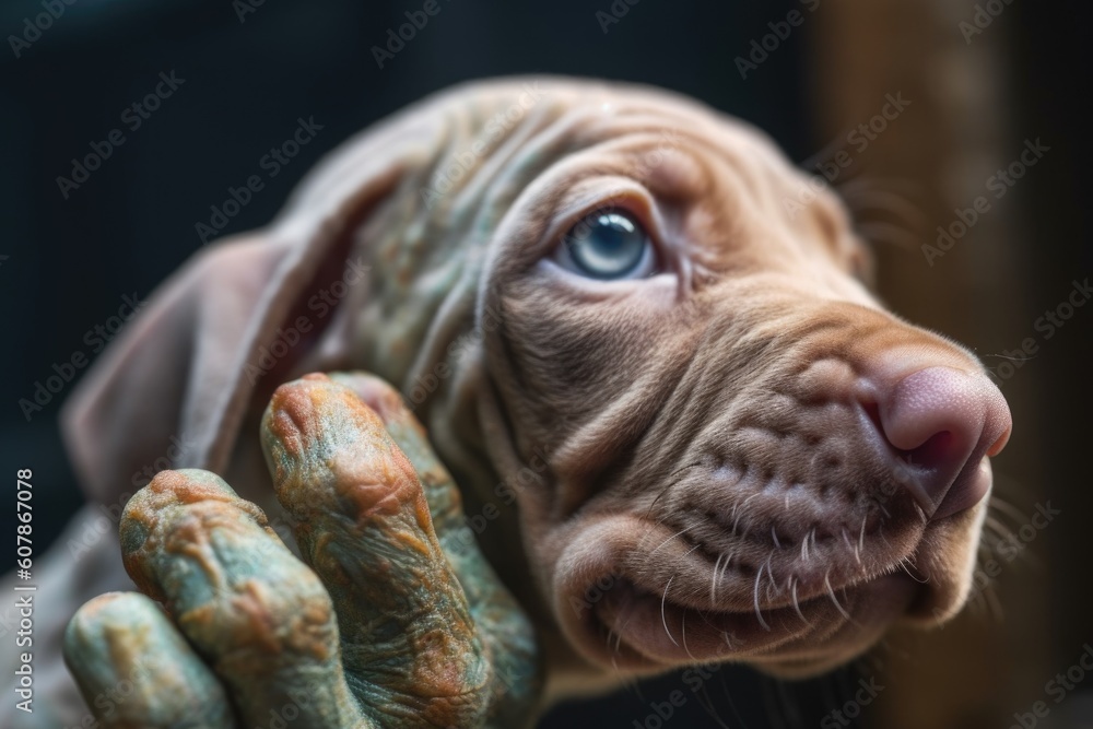 close-up of alien hand, with strange textures and colors, touching the head of a curious puppy, created with generative ai close-up of alien hand, with strange textures and colors, touching the head of a curious puppy, created with generative ai