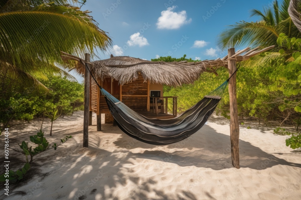 eco-friendly beach retreat with private cabana and hammock, created with generative ai eco-friendly beach retreat with private cabana and hammock, created with generative ai