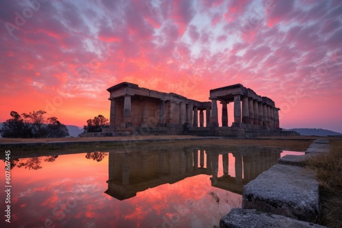 ancient ruins at sunrise, with orange and pink hues filling the sky, created with generative ai