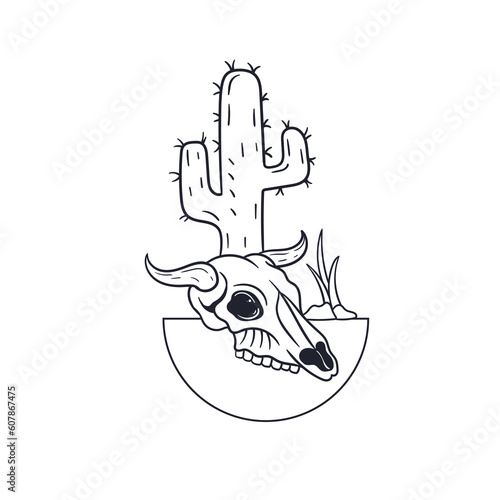 Hand drawn illustration of cactus and cow skull outline
