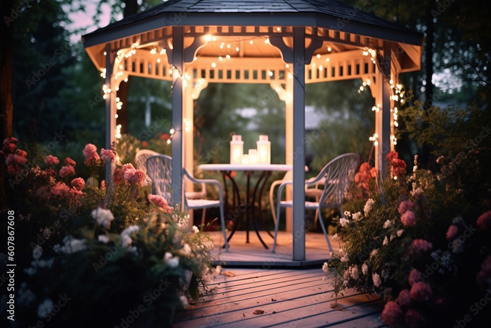 daytime soothing outside garden gazebo with string lights