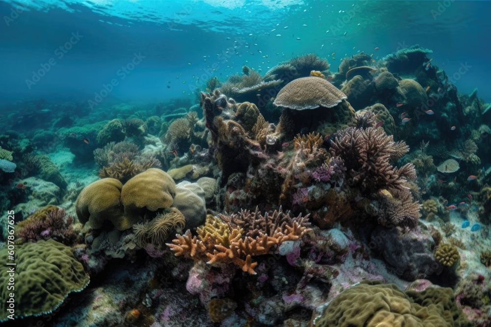 Fototapeta premium coral reef, with schools of fish and octopuses swimming among the corals, created with generative ai
