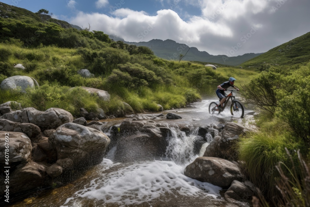 mountain biker riding past rushing stream, with view of the valley beyond, created with generative ai mountain biker riding past rushing stream, with view of the valley beyond, created with generative ai