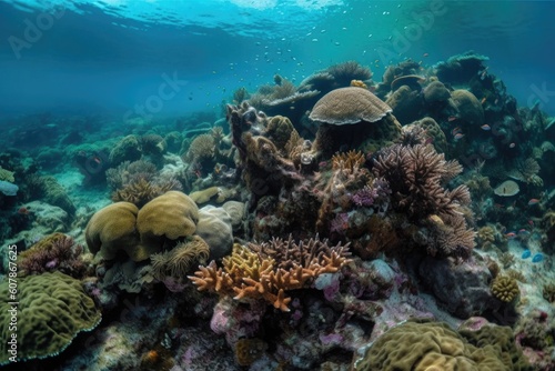 coral reef, with schools of fish and octopuses swimming among the corals, created with generative ai