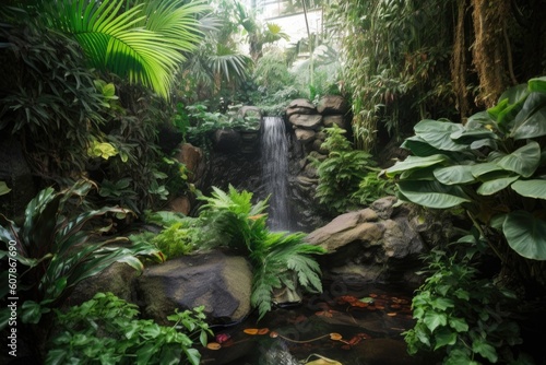 exotic pet habitat featuring waterfall and lush greenery  created with generative ai