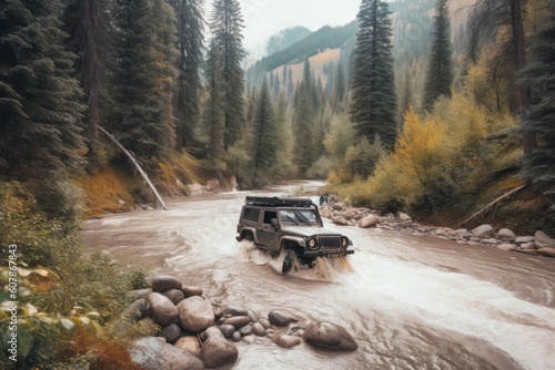 off-road vehicle exploring the vast wilderness, surrounded by towering trees and rushing rivers, created with generative ai