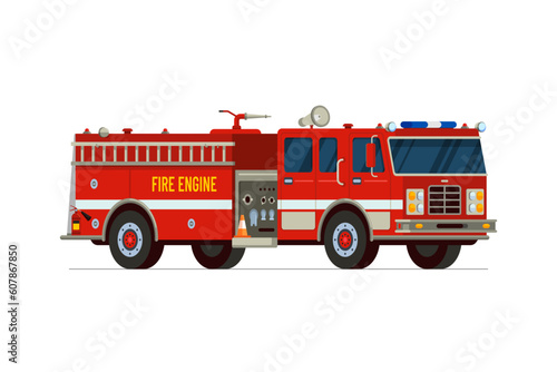Fire engine truck isometric side front view. Firetruck car with Siren alarm and water tank. Firefighter red vehicle. Fireman emergency rescue transport. Firefighting lorry vector eps flat illustration