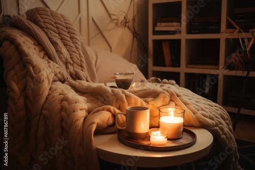 the ultimate cozy reading nook filled with the latest releases  blankets  and a hot cup of tea  created with generative ai
