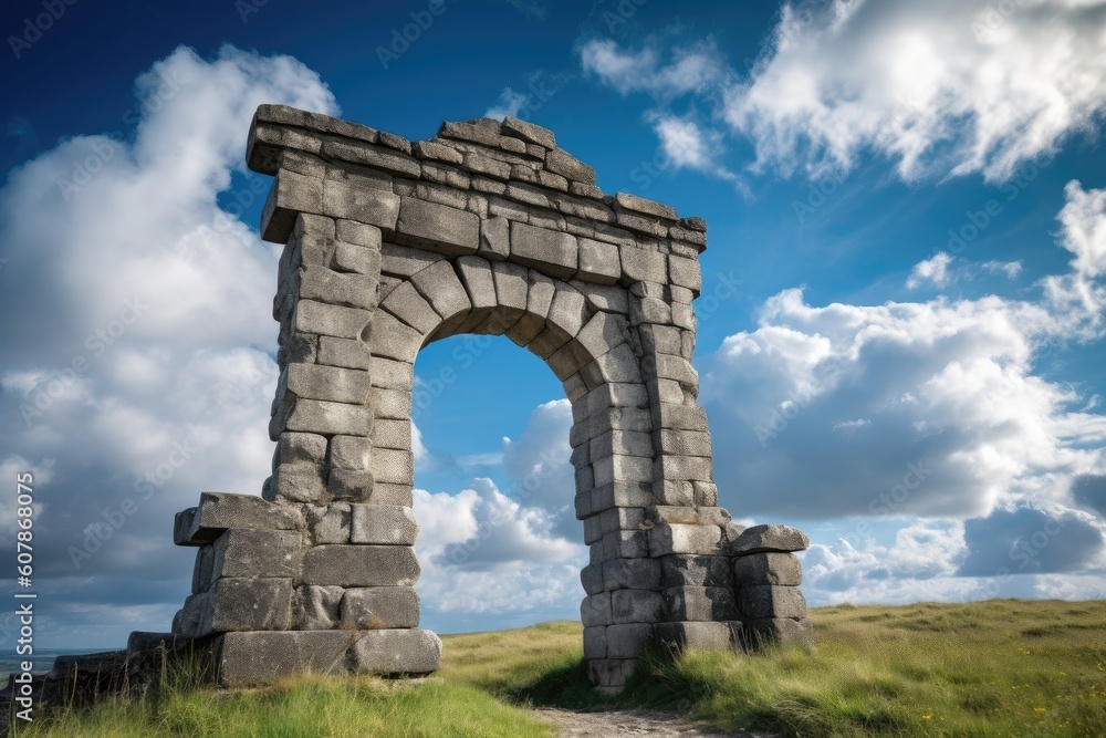 majestic stone archway, with a clear blue sky and fluffy clouds in the background, created with generative ai