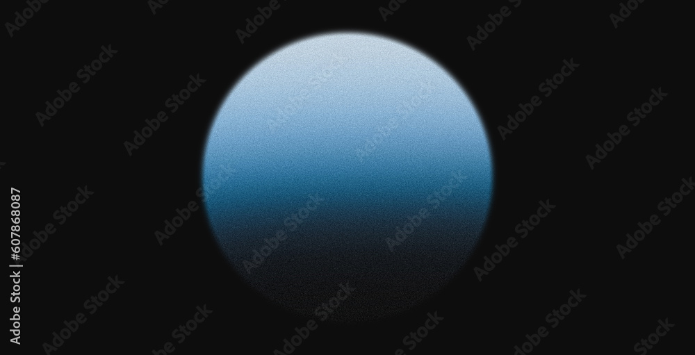 Glowing blue gradient sphere on black background, moon rise abstract grainy noise texture effect poster design