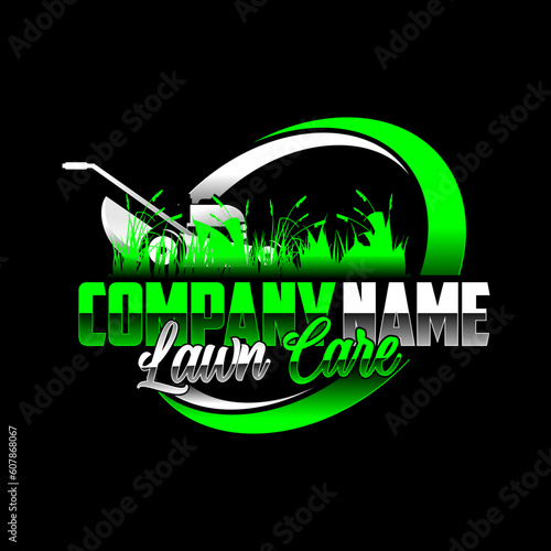 Lawn care logo design on black background. Featuring bold and vibrant graphics, it's sure to capture the attention of potential customers.