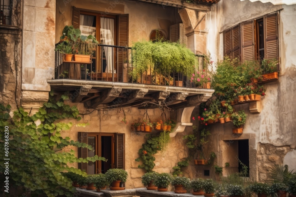 mediterranean house exterior with balcony and hanging plants, for a cozy and inviting outdoor space, created with generative ai