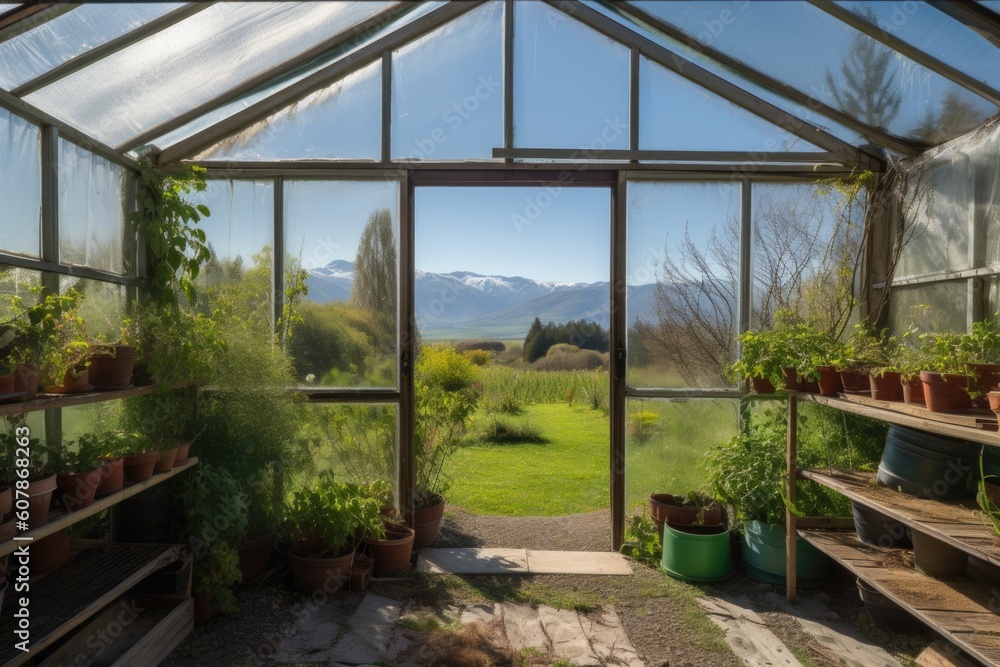greenhouse with view of mountains and clear blue skies, created with generative ai greenhouse with view of mountains and clear blue skies, created with generative ai
