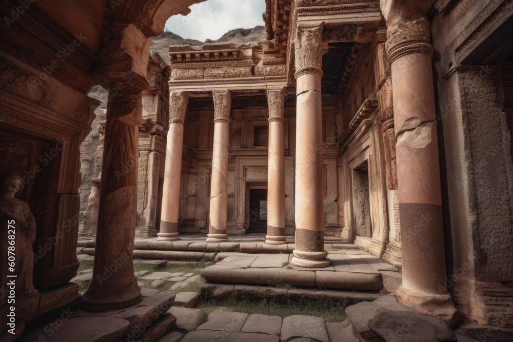 pristinely preserved ancient temple, with broken and toppled columns and archways, created with generative ai